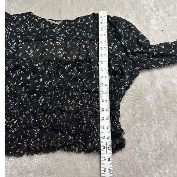 Free People Lolita Top Womens Large Black Floral Long Sleeve Smocked Square Neck - Picture 10 of 13
